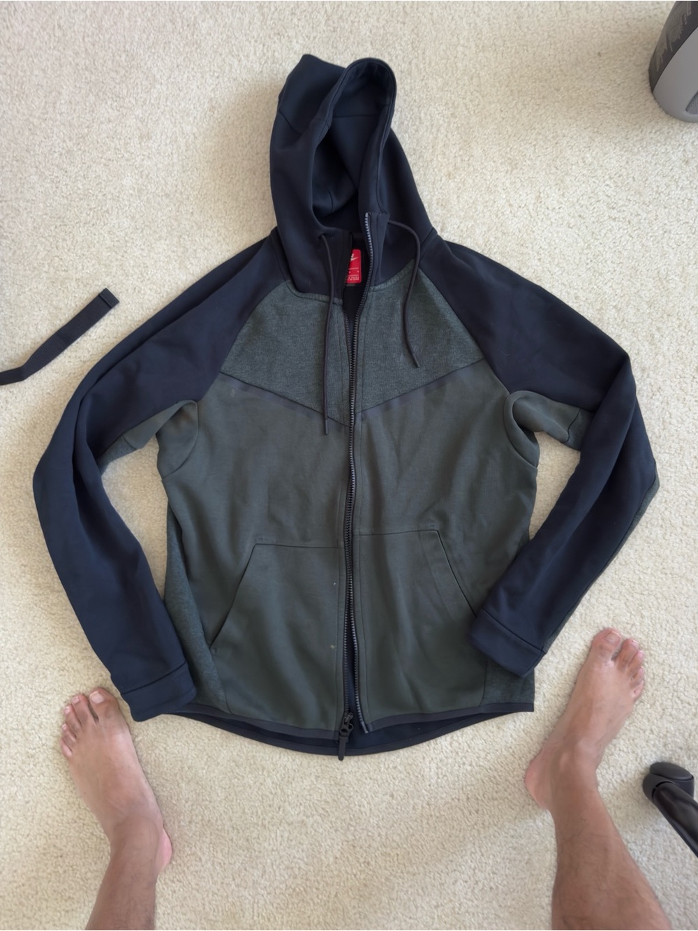 NIKE TECH FLEECE HOODIE JACKET MENS BLACK DARK GREEN - MENS MEDIUM